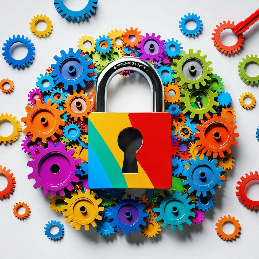 A vibrant, open padlock representing customer satisfaction, surrounded by colorful gears symbolizing key strategies, with a diverse group of people brainstorming around a table, looking optimistic and engaged. The background features a graph indicating performance growth, integrating elements of teamwork and innovation. super-realistic. vibrant colors. white background.