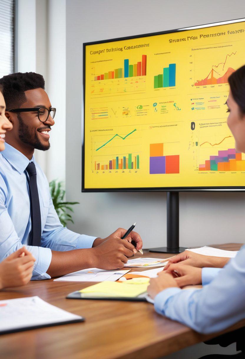 A professional office scene with a diverse group of employees engaging in a performance evaluation meeting, showcasing high-energy discussions and positive body language. Include visual representations of graphs and charts on a digital screen, symbolizing growth and success. Highlight elements like post-it notes with strategies and feedback. The atmosphere should be vibrant and collaborative, reflecting satisfaction and delight. super-realistic. vibrant colors. 3D.